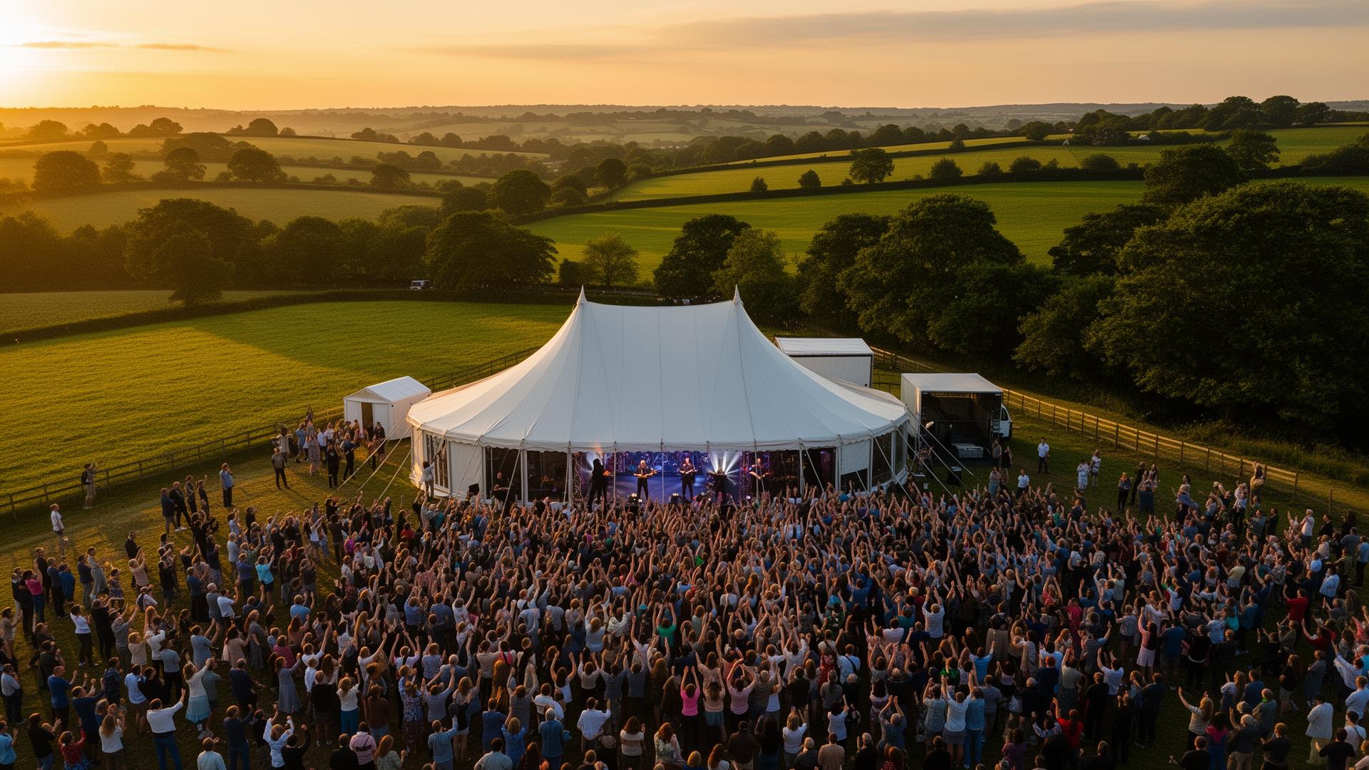 Crowd worshipping at a Christian summer festival in the English countryside